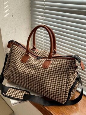Houndstooth Weekender Bag with Tan Trim